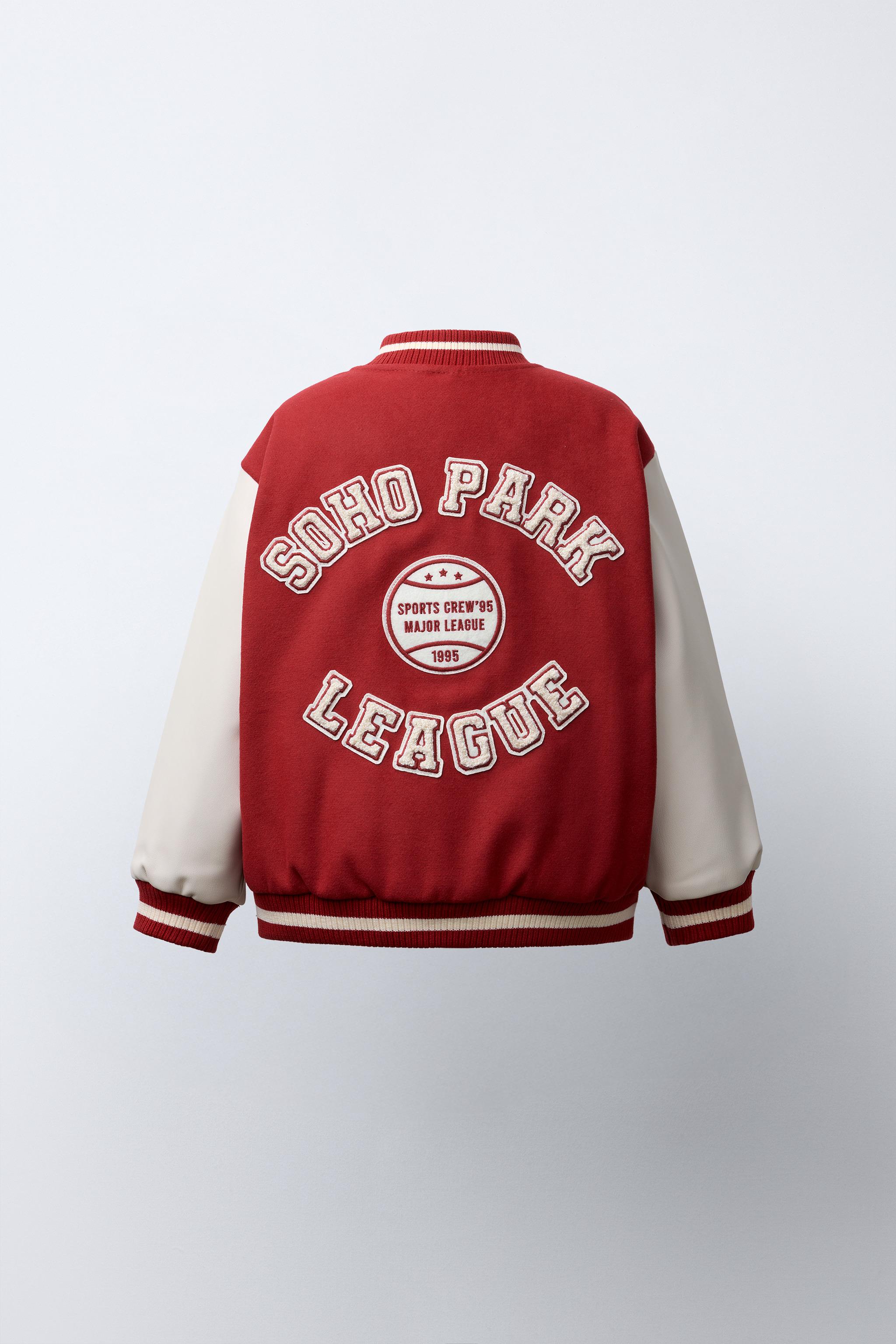 CLOTH BOMBER JACKET WITH FAUX LEATHER SLEEVES AND PATCHES